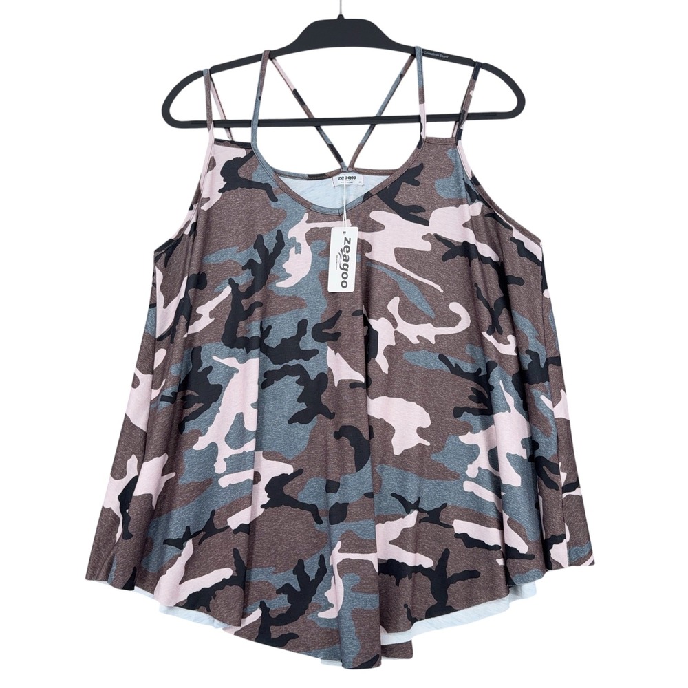 Zeagoo Camo Cami Tank Top Women XL Rayon‎ Spandex Pink Brown Camouflage